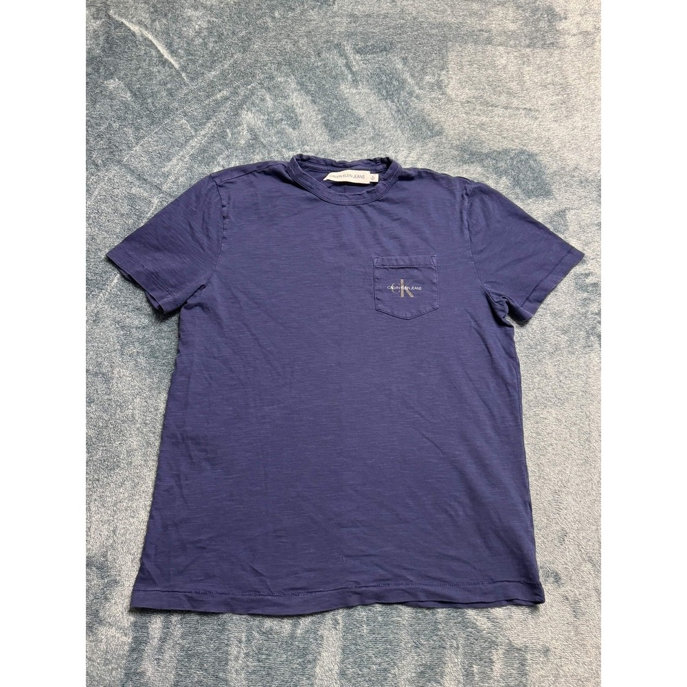 Calvin Klein Jeans Mens M Blue Slub Texture Pocket T-Shirt CK Logo Tee